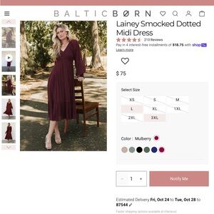 Lainey Smocked Dotted Midi Dress | Mulberry - M NWT